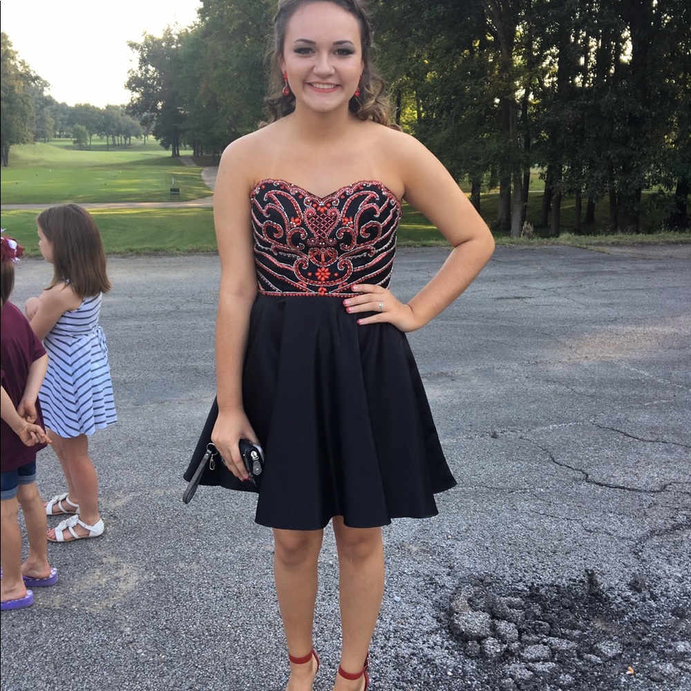 strapless black and red beaded homecoming dress!